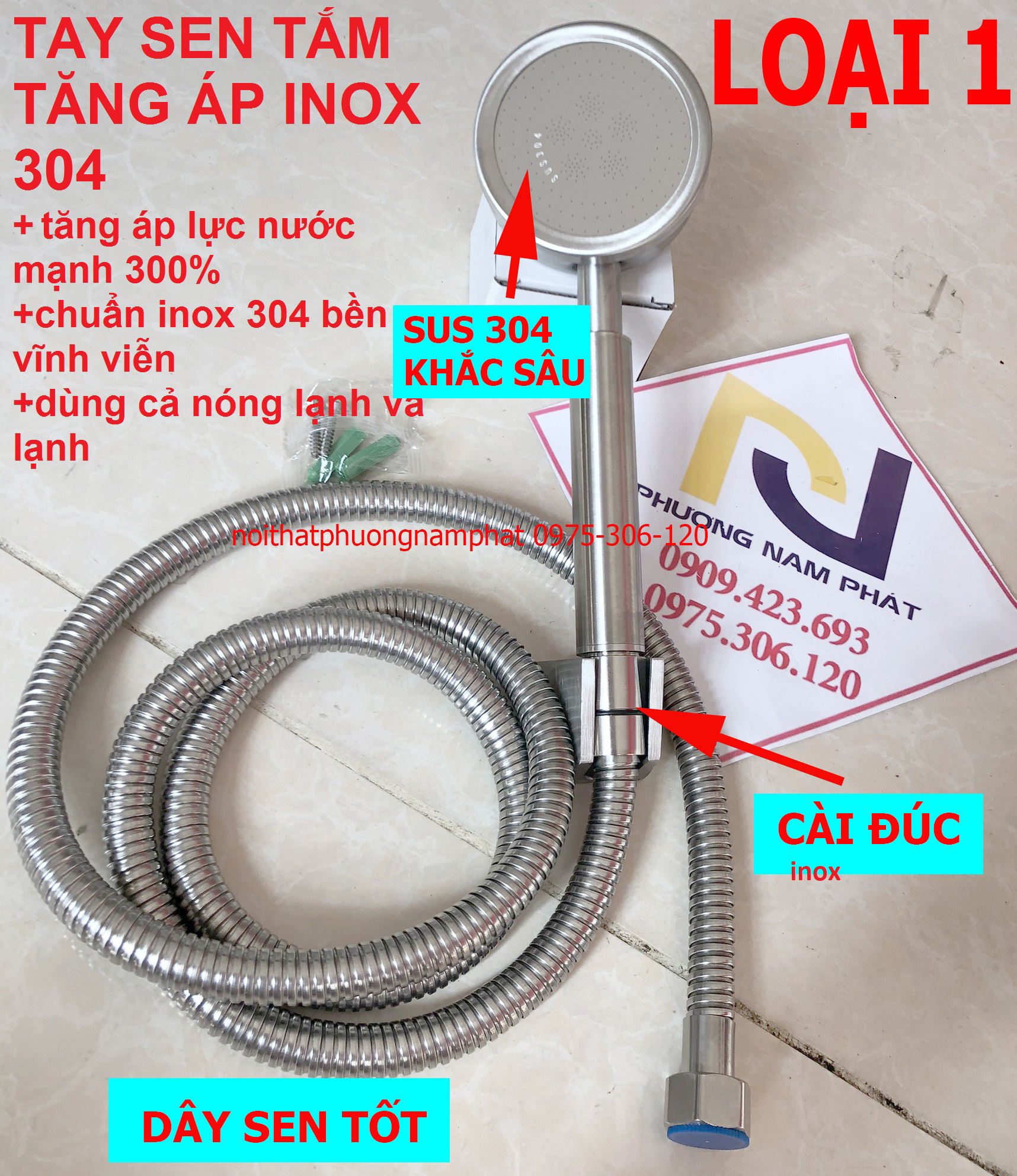 Bộ tay sen tắm tăng áp inox 304 ts20 + dây sen + cài sen hàng cao cấp inox chuẩn không han rỉ
