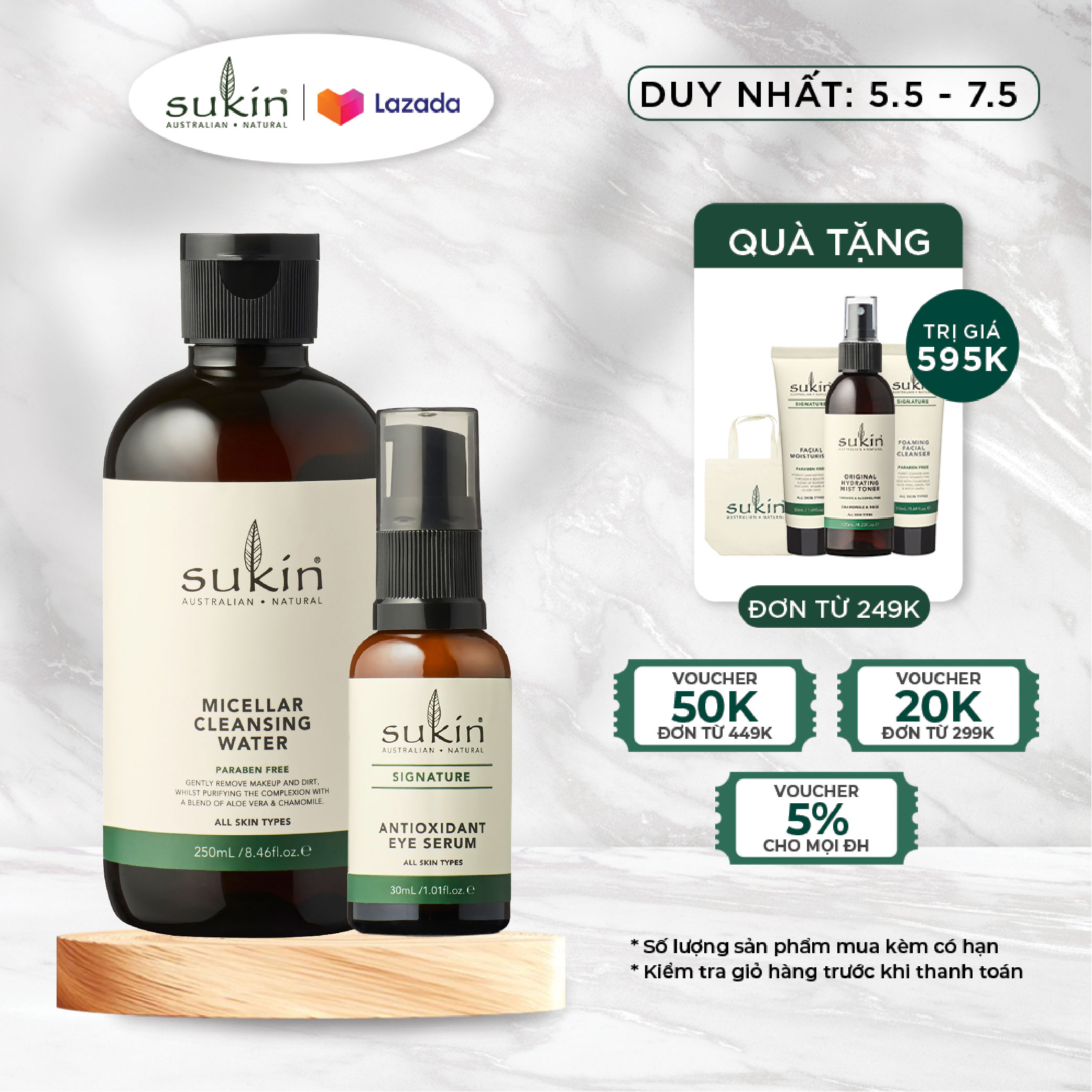 Combo tẩy trang và dưỡng da vùng mắt Sukin ( Nước tẩy trang Micellar 250ml + Serum dưỡng vùng da quanh mắt Signature 30ml)