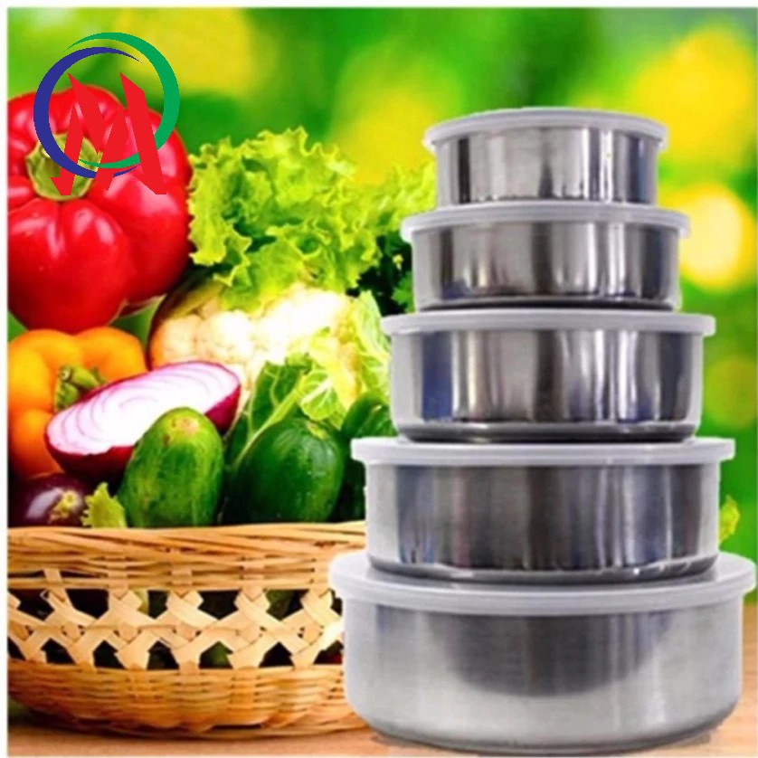 Bộ 5 bát inox đựng thức ăn loại tròn có nắp đậy