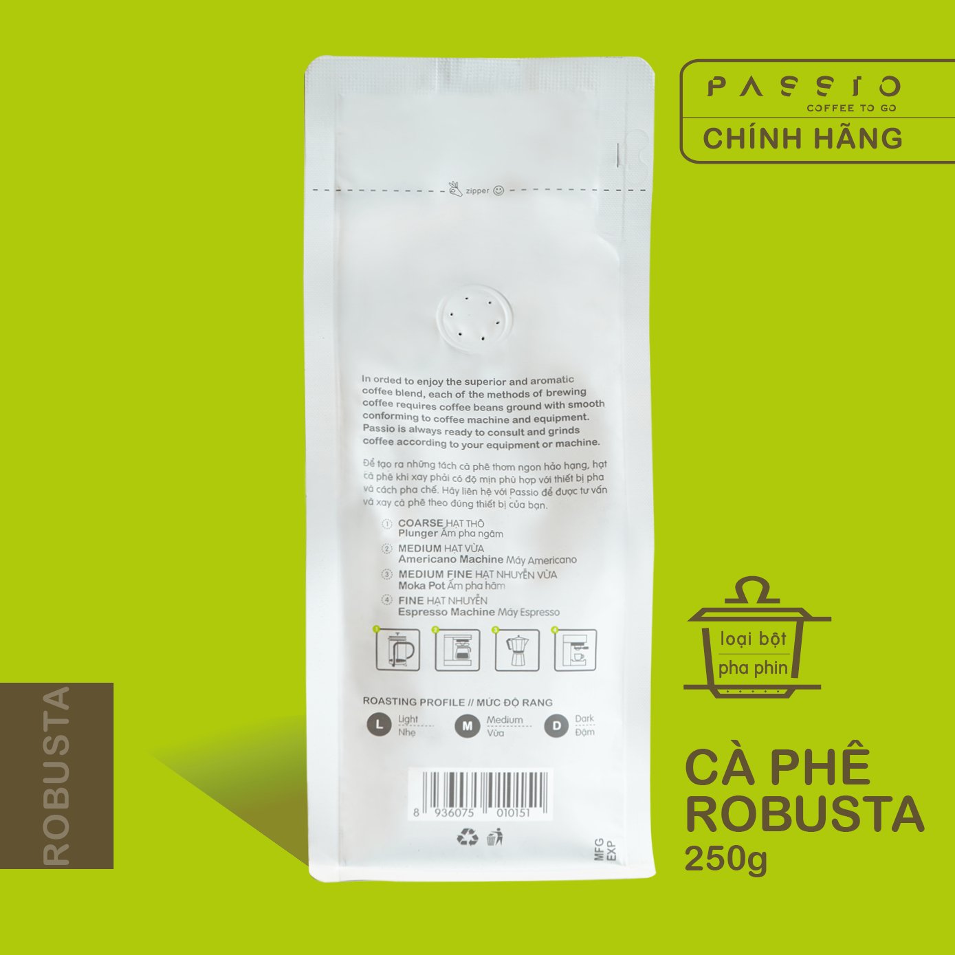 Cà phê Robusta dạng Bột (pha phin) nguyên chất 100% rang mộc - Passio Coffee (250g)