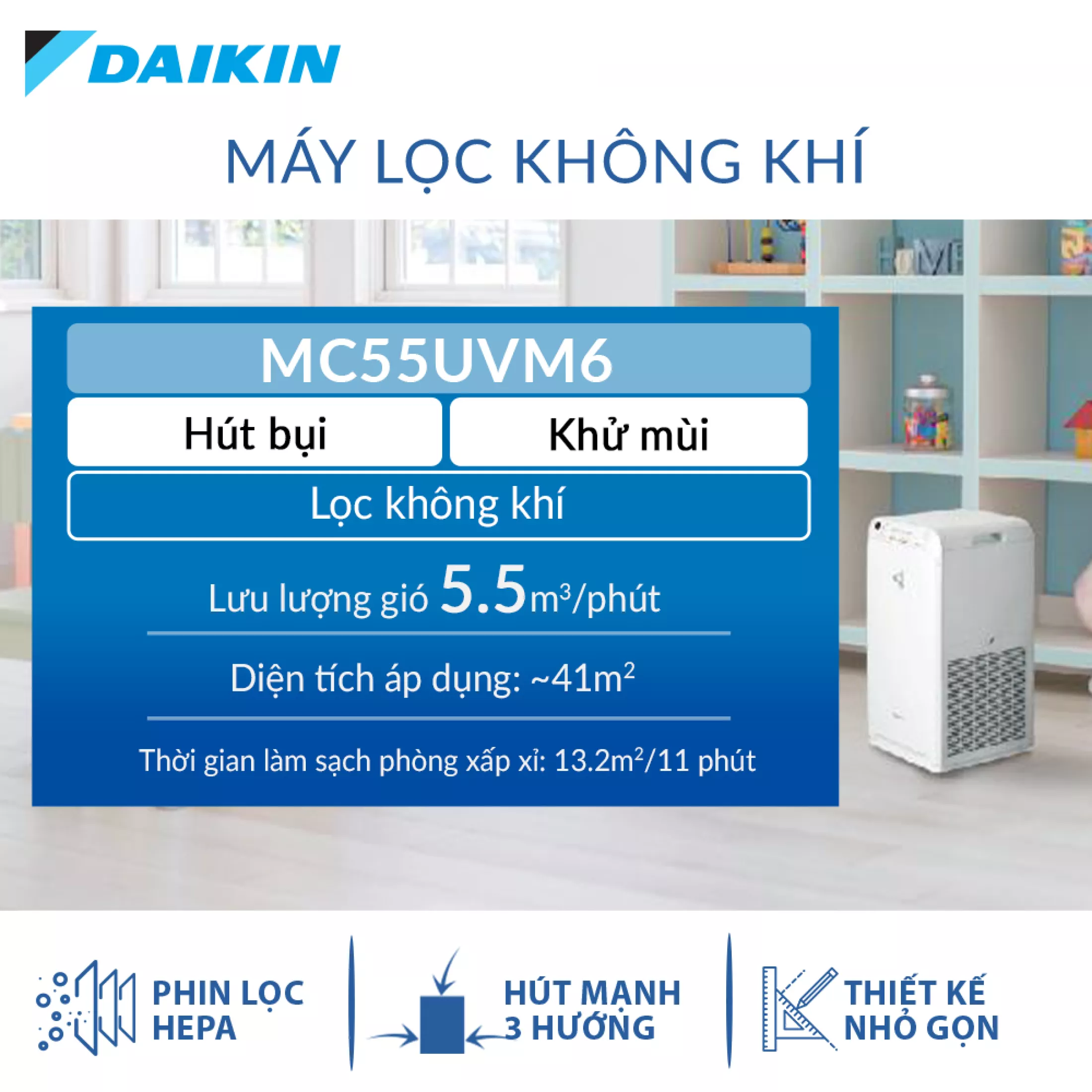 Máy Lọc không khí Daikin MC55UVM6 - Phù hợp phòng 41m2 - Công nghệ Streamer