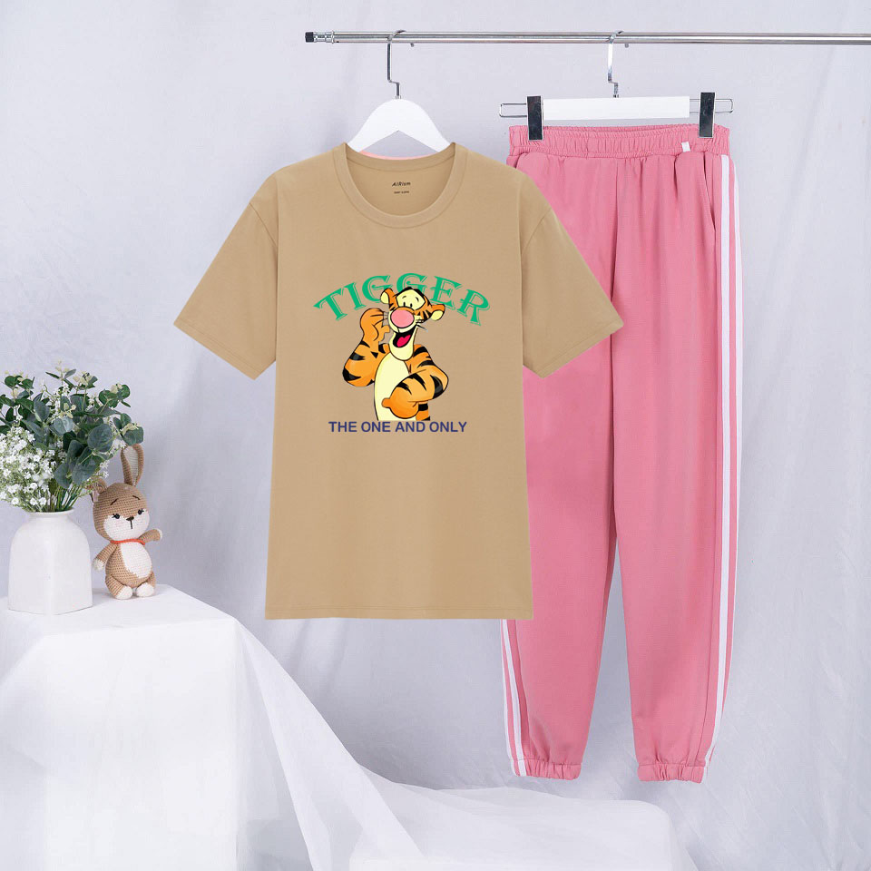 Sét Bộ Đồ Mùa Hè Ulzzang Nữ Xinh Cute Mặc Đi Chơi Dạo Phố, Chất Liệu Áo Cotton Organic Màu Da Ngắn Tay Cổ Tròn In 3D Hổ The One Cute Kèm Quần Thun Bo Chun Gấu Hai Rót Phong Cách
