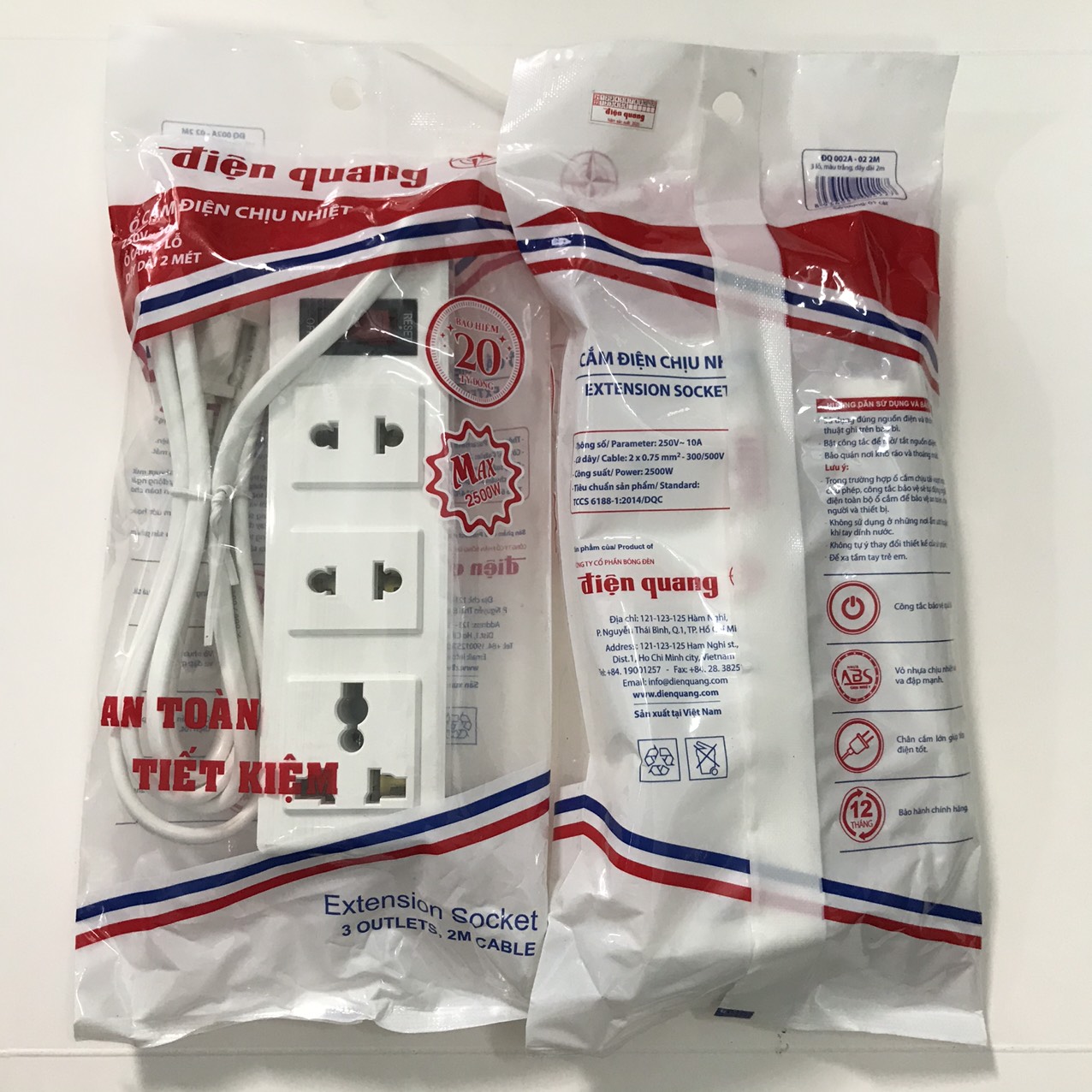 [HCM]Ổ Cắm Điện Quang ĐQ 002A-02-2M (3 lỗ dây 2 met)