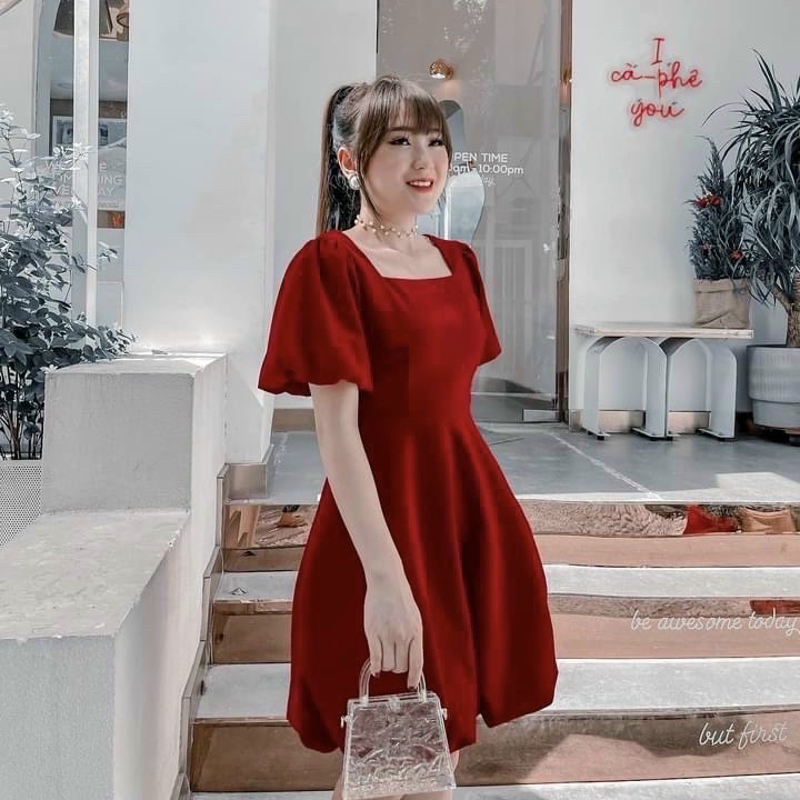 Đầm đỏ tùng bầu tròn