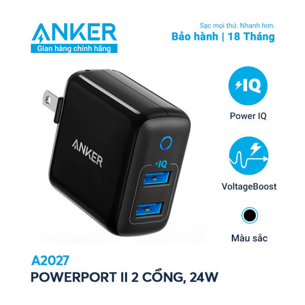 Sạc ANKER PowerPort II 2 cổng PowerIQ 24W  - A2027 - Sạc tối ưu với công suất tối đa 12W mỗi cổng, trang bị công nghệ an toàn tiên tiến bảo vệ thiết bị và củ sạc