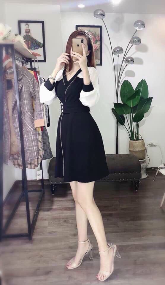 Đầm kate phối voan tay dài dễ thương xinh xắn