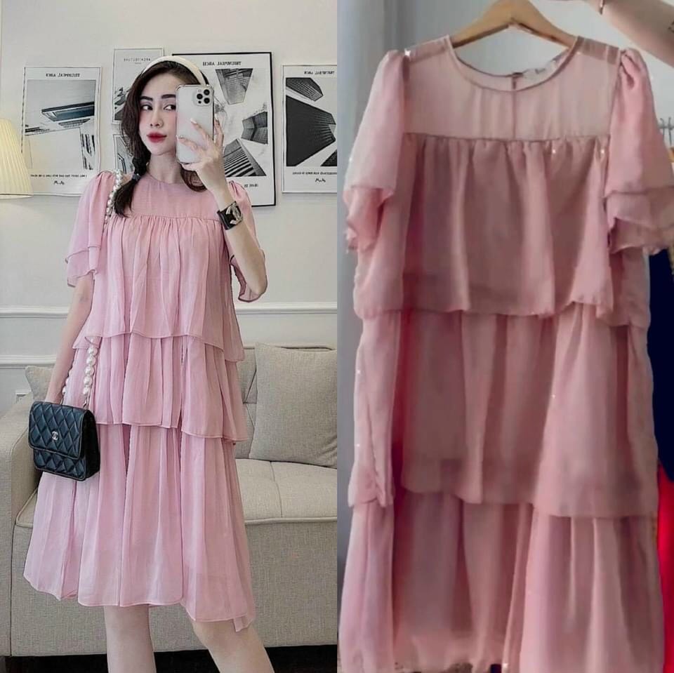 Váy bầu mùa hè công sở -đầm bầu dáng suông xếp tầng thanh lịch, họa tiết hoa nhí trẻ trung, mặc đi làm, đi chơi đều đẹp