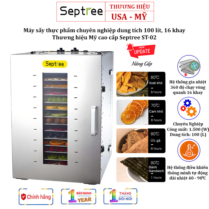 Máy sấy thực phẩm chuyên nghiệp Septree ST-02 Thương hiệu Mỹ cao cấp dung tích 100 lít, 16 khay - Bảo hành 12 Tháng, Hàng chính hãng