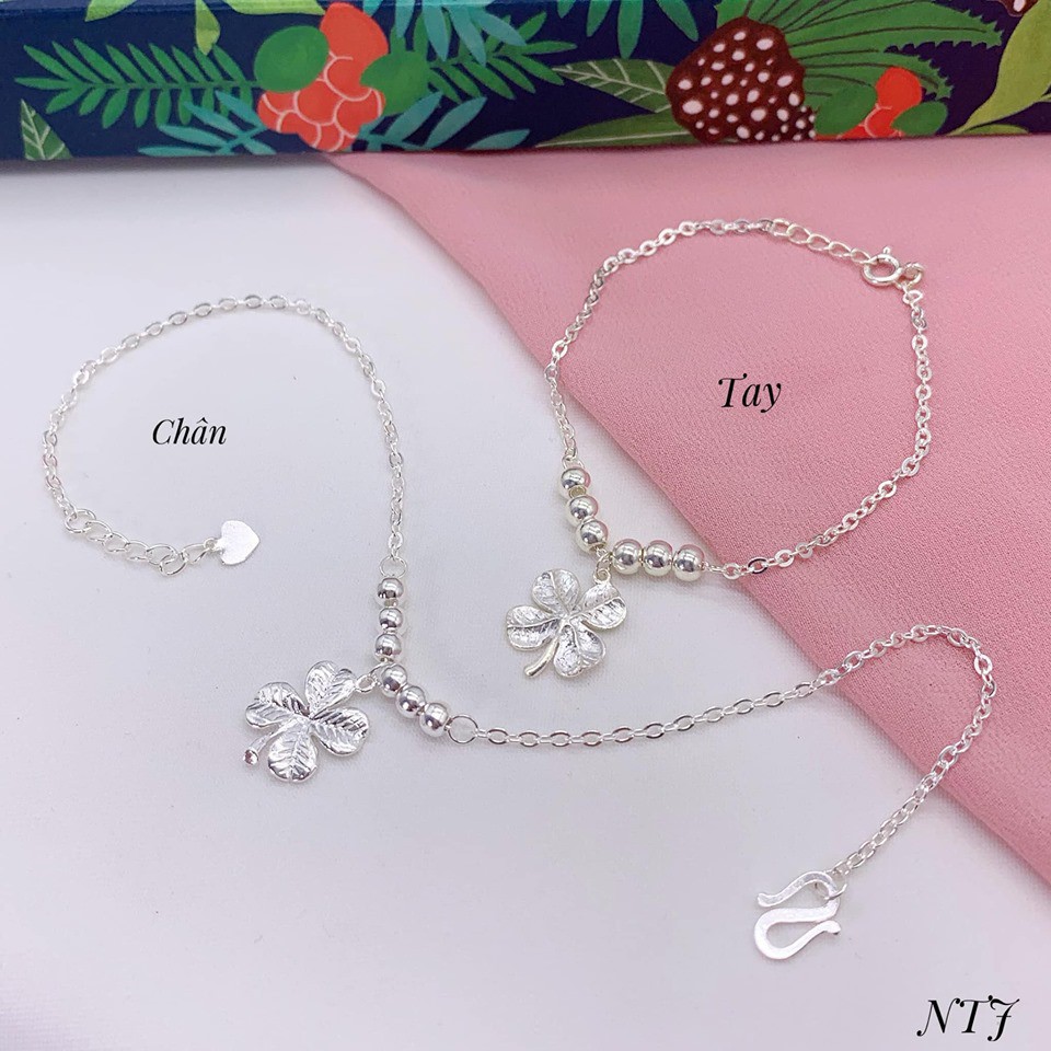 Bộ lắc chân và tay dây bi mix cỏ 4 lá cho nữ bạc
