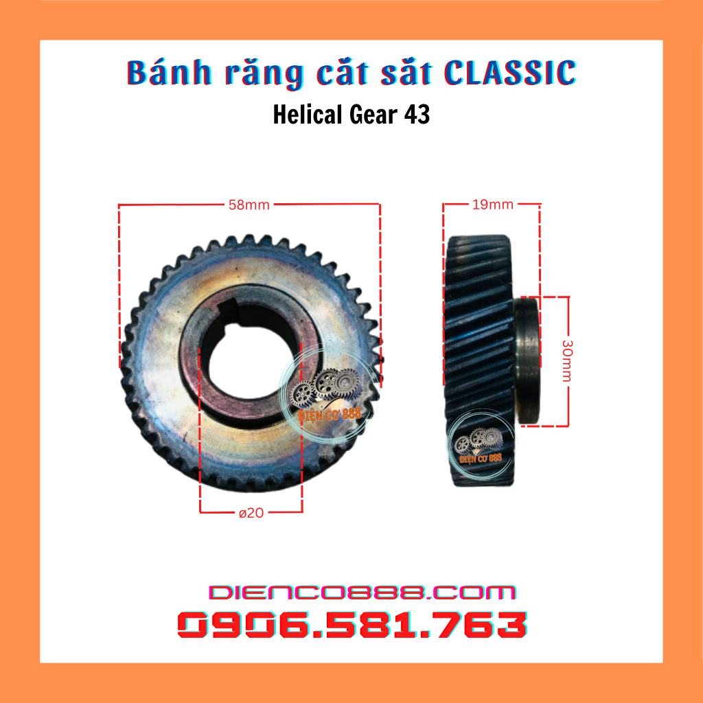 (Helical Gear 43) Nhông bánh răng cắt sắt CLASSIC, KAIZEN MAG 6352 43 Răng kích thước 20x58mm