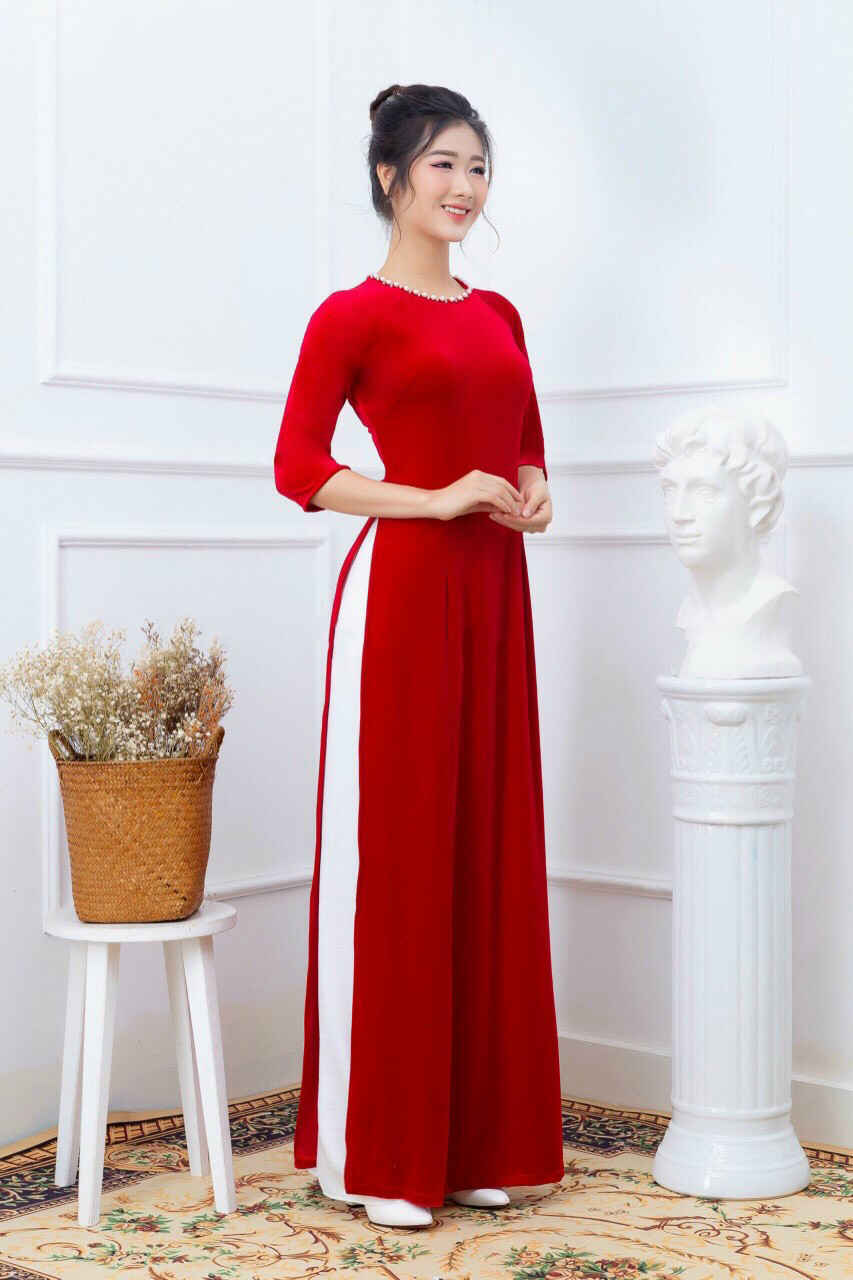 ÁO DÀI NHUNG TRUYỀN THỐNG CỔ ĐÍNH NGỌC ÁO DÀI NHUNG SANG TRỌNG LỊCH LÃM