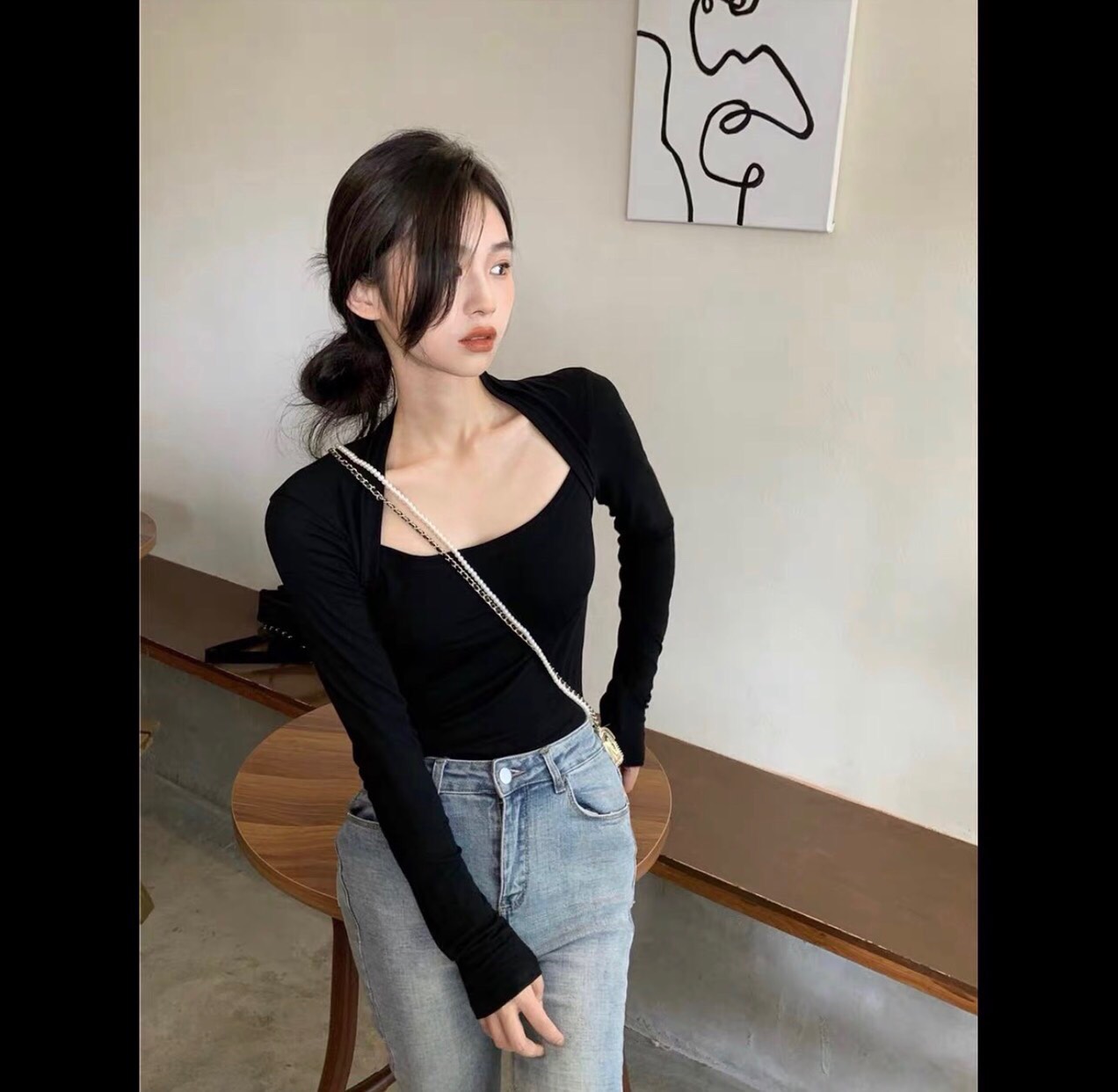 [Ảnh thật] Áo thun gần cổ vuông tay dài