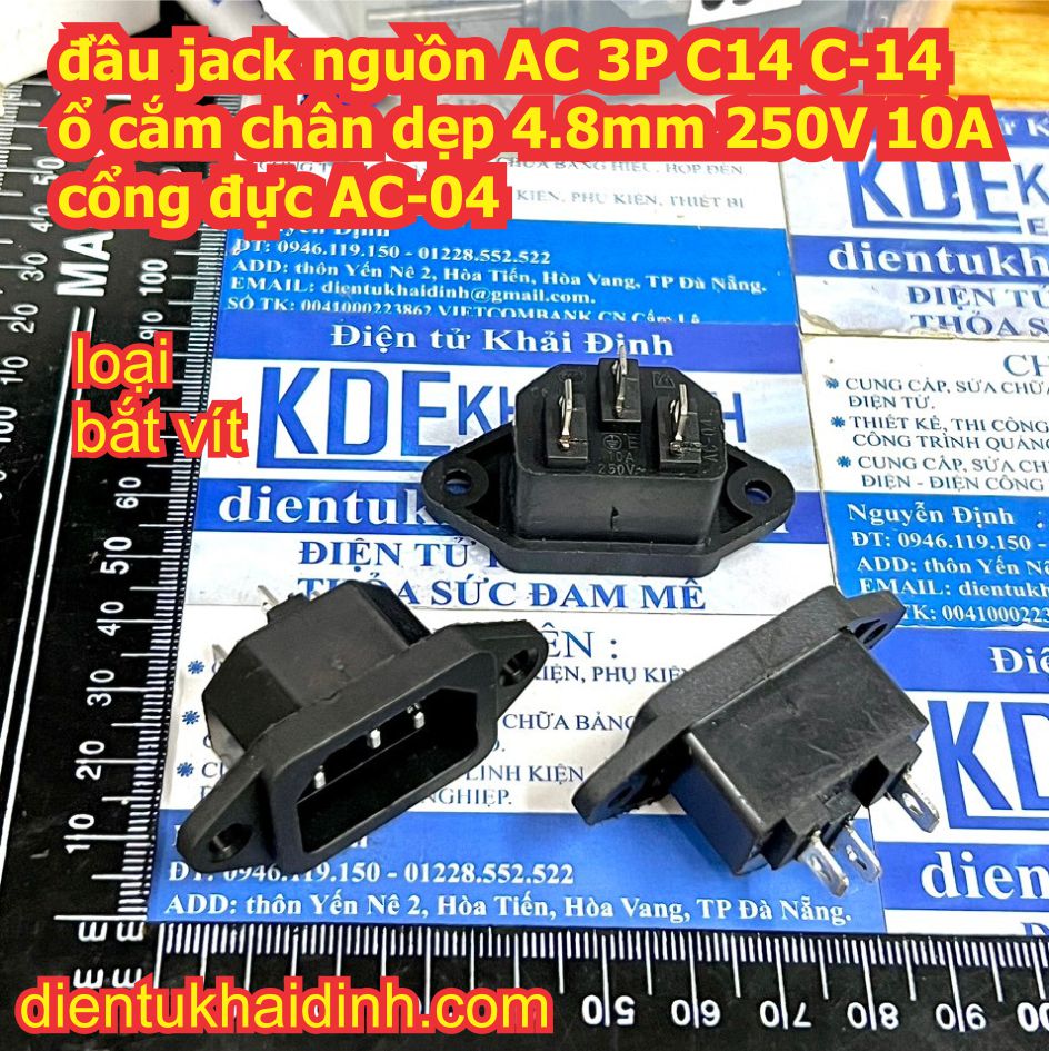 5 cái đầu jack nguồn ac 3p c14 c-14 ổ cắm chân dẹp 4.8mm 250v 10a cổng đực ac-04 bắt vít ac-05 khoét lỗ kde3298