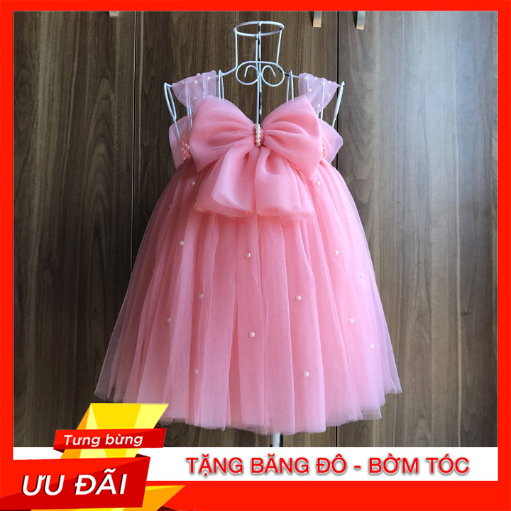 ĐỒ CHO BÉ GÁI / VÁY CÔNG CHÚA CHO BÉ / VÁY CÔNG CHÚA HỒNG CAM NƠ ĐÍNH ĐÁ 2 QUAI