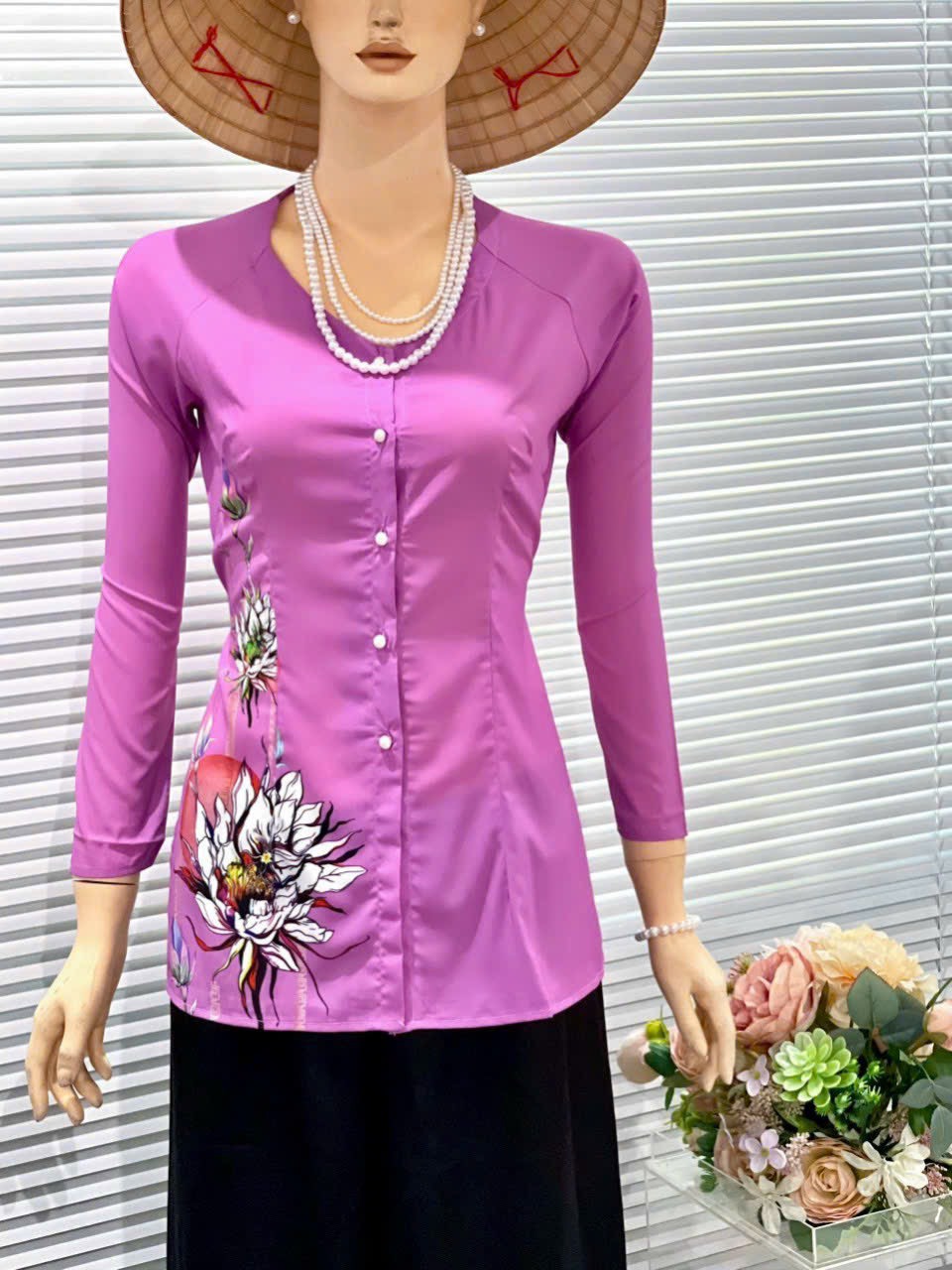 ÁO BÀ BA LỤA IN HOA ĐÀO XINH