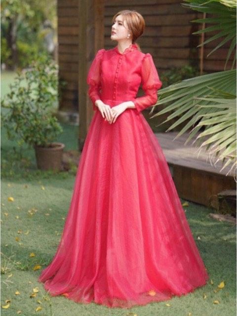 Đầm maxi mặc cưới nhje nhàng tay dài phối nút bọc cổ ren đứng TRIPBLE T DRESS - MS44Y - Size M/L