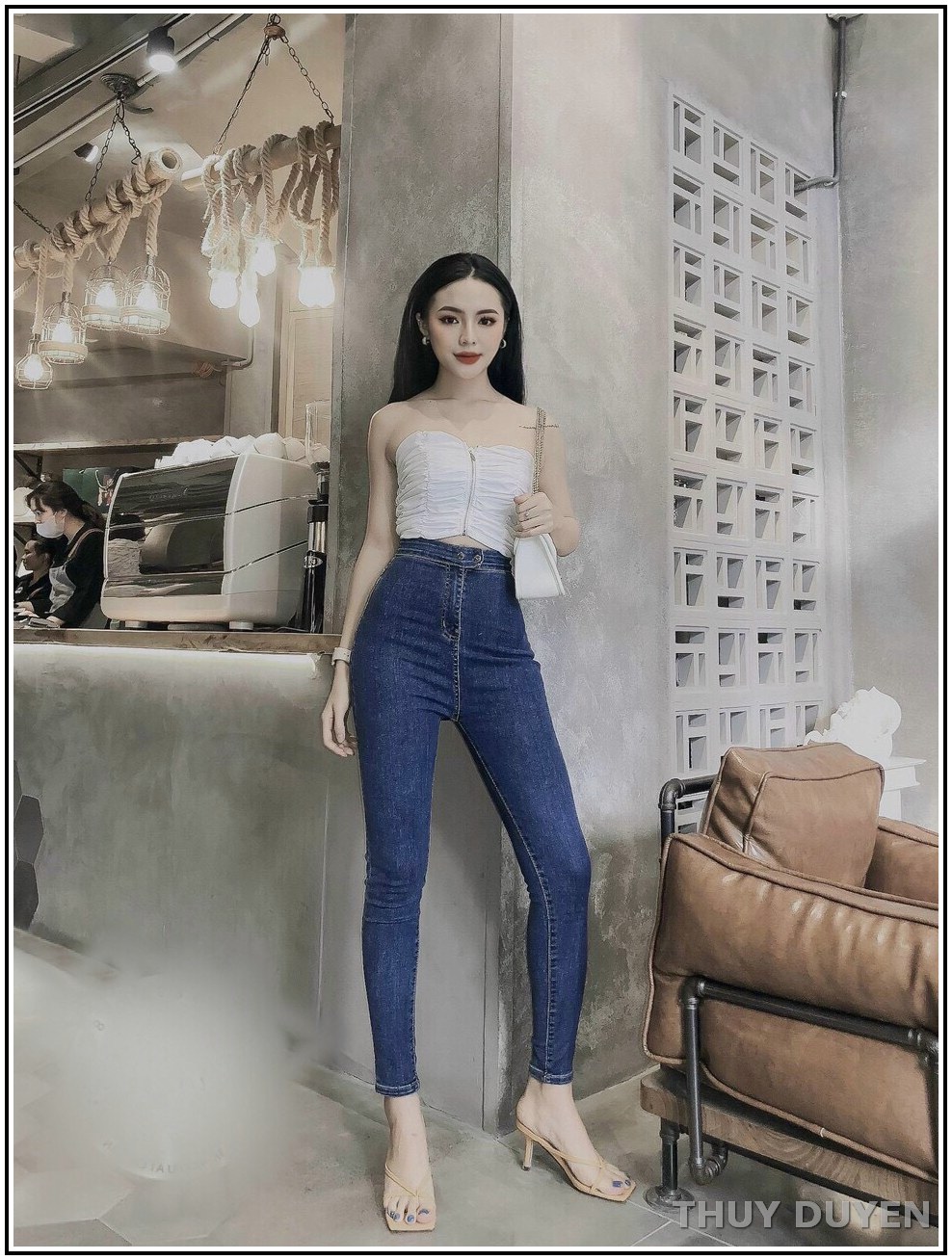 Quần jean nữ lưng cao đai trơn hai cúc xanh đậm siêu đẹp chất jean giãn tốt 16/10--s2.6