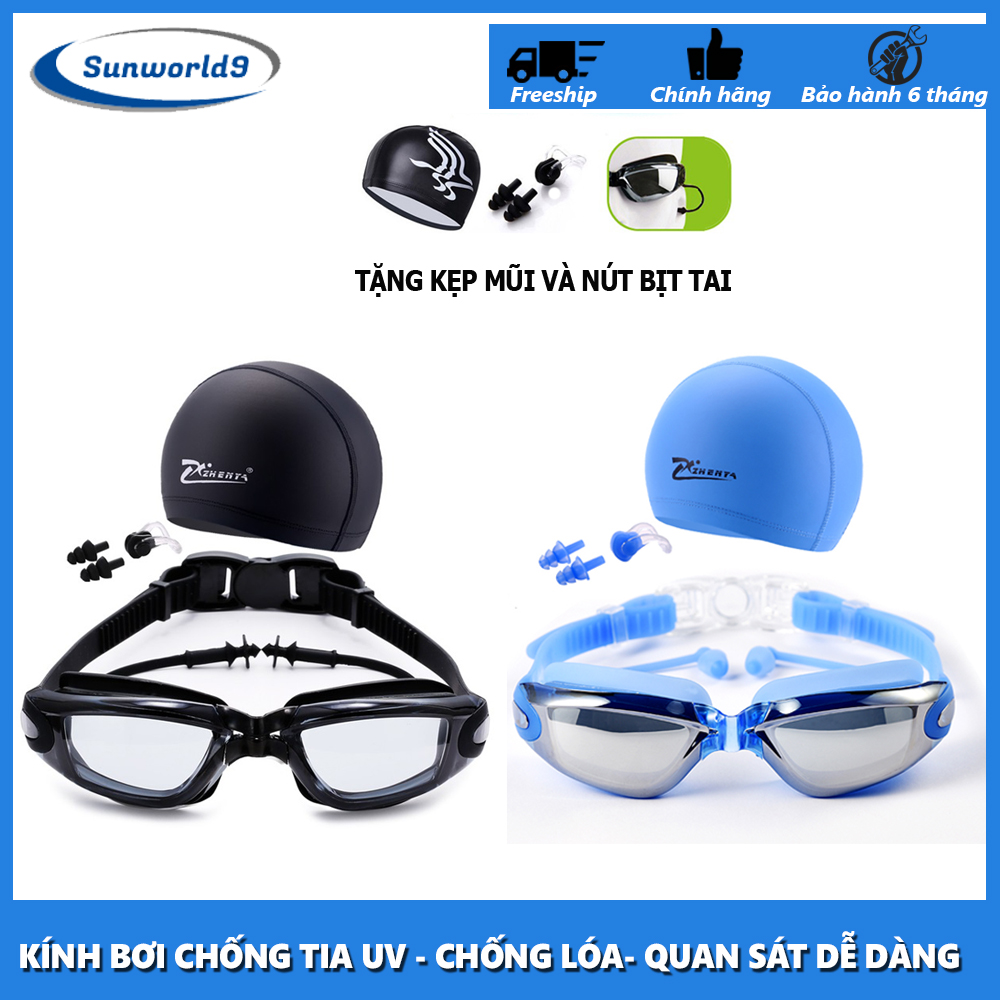 Sét mũ kèm kính bơi, combo kính bơi mũ bơi, kính bơi uv kèm mũ bơi và 2 nút bịt tai, thiết kế thông minh, thoải mái bơi lội