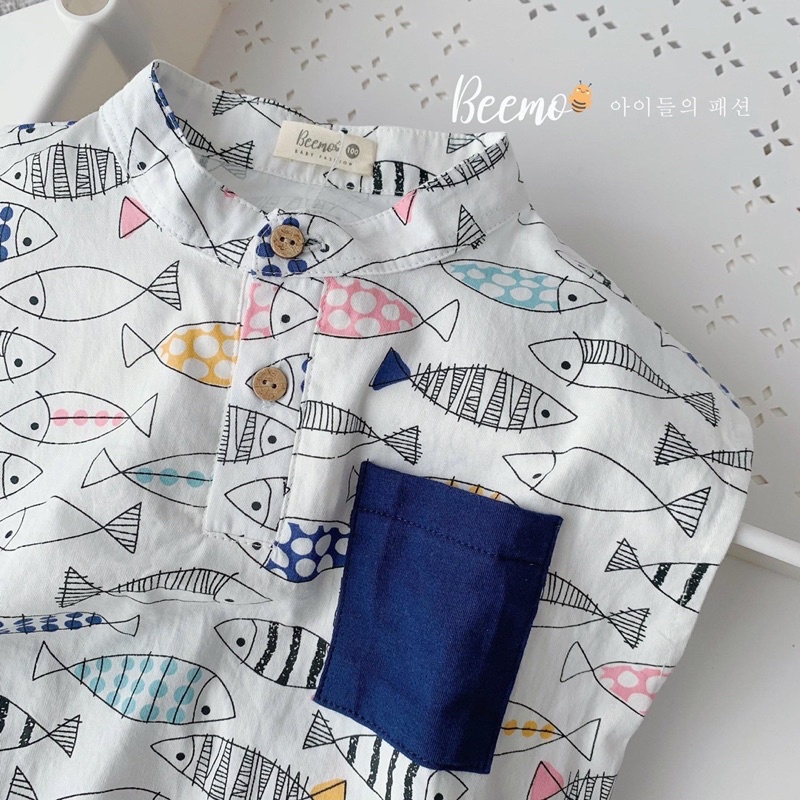 [Hàng Có Sẵn] Thời Trang Beemo Cho Bé - Set Bộ Sơ Mi Hình Cá Cho Bé (8-23kg)
