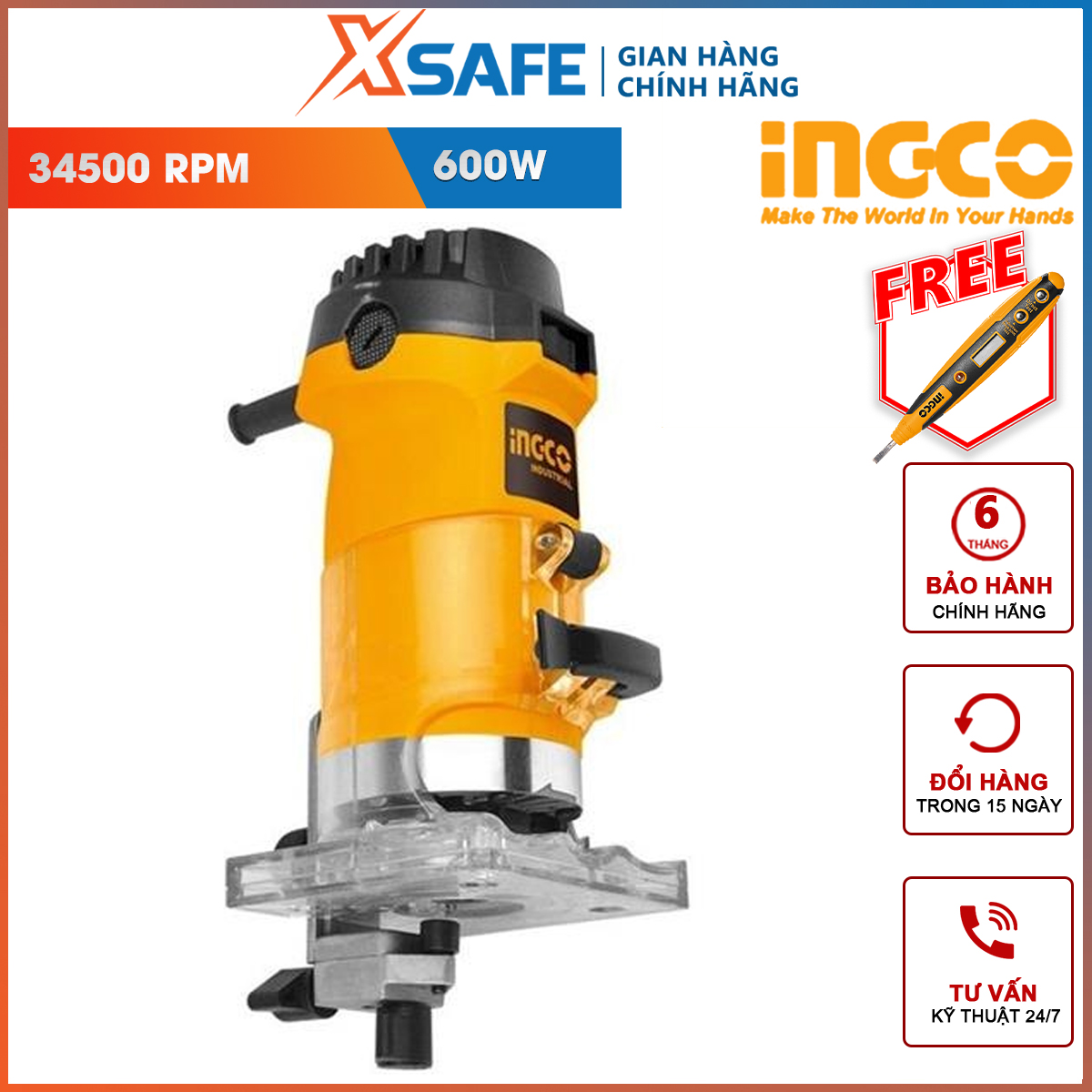 Milling machine cutting edge ingco PLM6001 | wood milling machine power 600W no-load speed 34500rpm head diameter pairs 6 mm and 1/4 ″ grooving hinge, decorative edge, cutting mortises, cutting groove, hole…