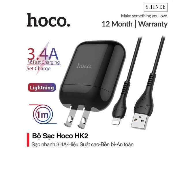 Bộ sạc nhanh 3.4A Hoco HK2 chất liệu nhựa ABS chống cháy tốt kèm dây cáp Lightning dài 1M cho iPhone/iPad