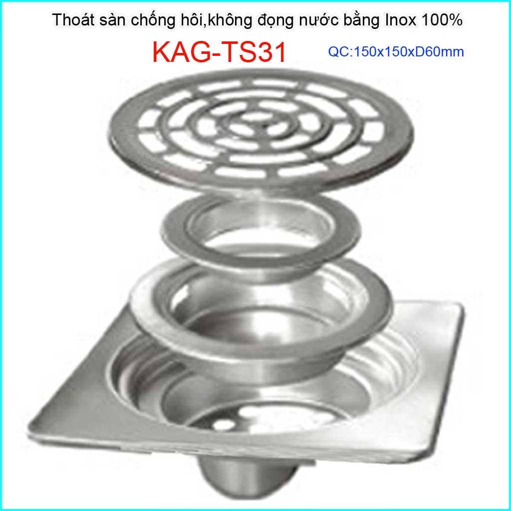 Phễu thoát sàn 15x15cm KAG-TS31 D60, ga thoát sàn nước giá tốt chống hôi tốt dùng ống D60