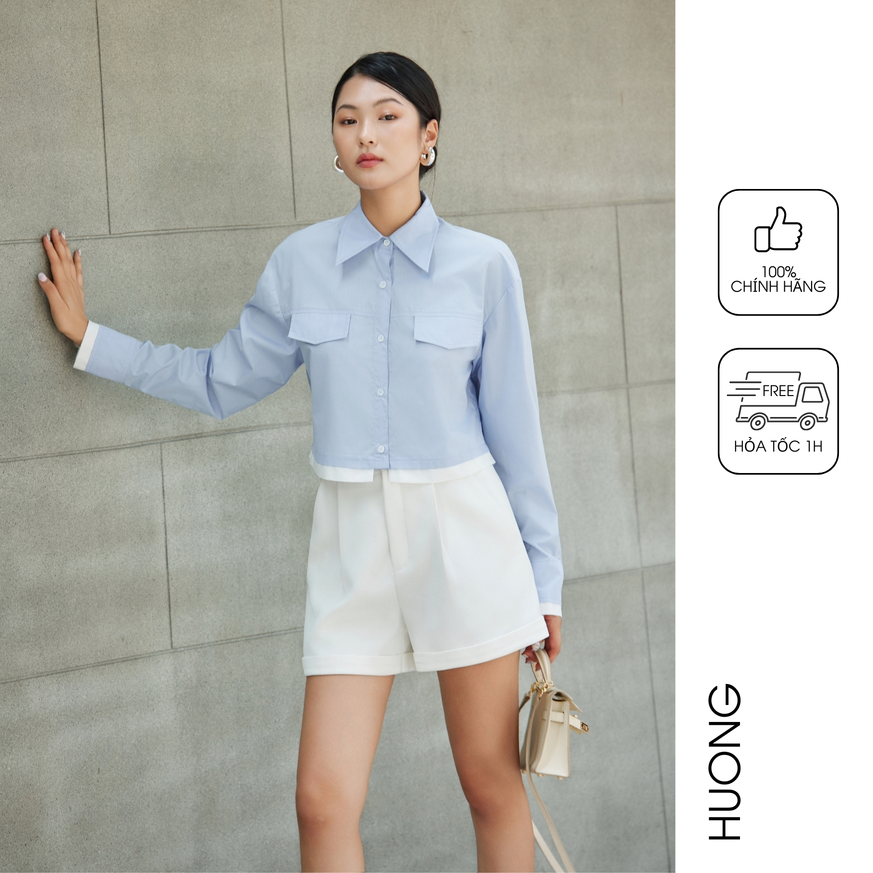 Áo sơ mi thô xanh croptop huong boutique bssm43