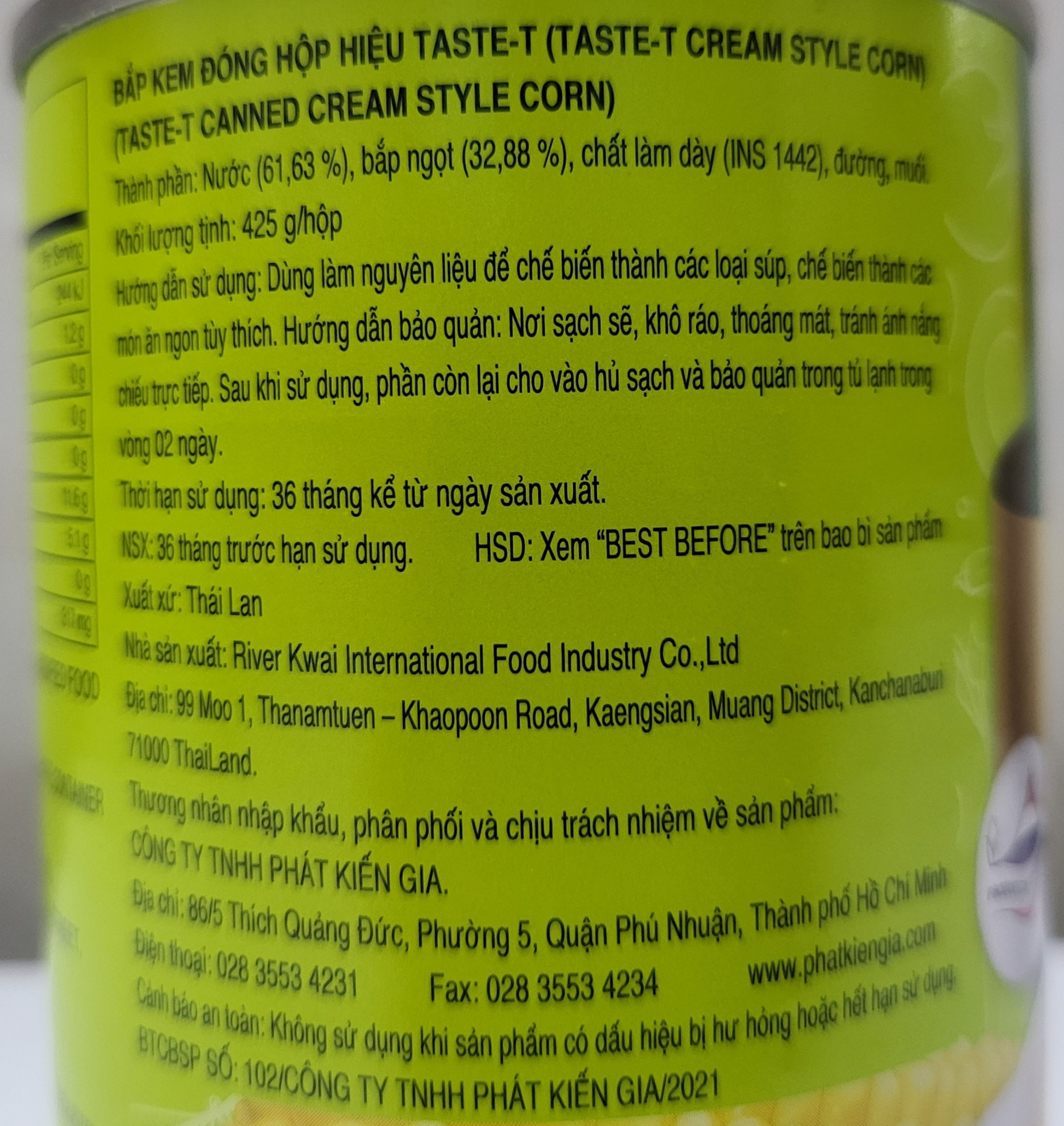 [Hộp 425g] BẮP KEM [Thailand] TASTE-T Cream Style Corn (halal) (pkg)
