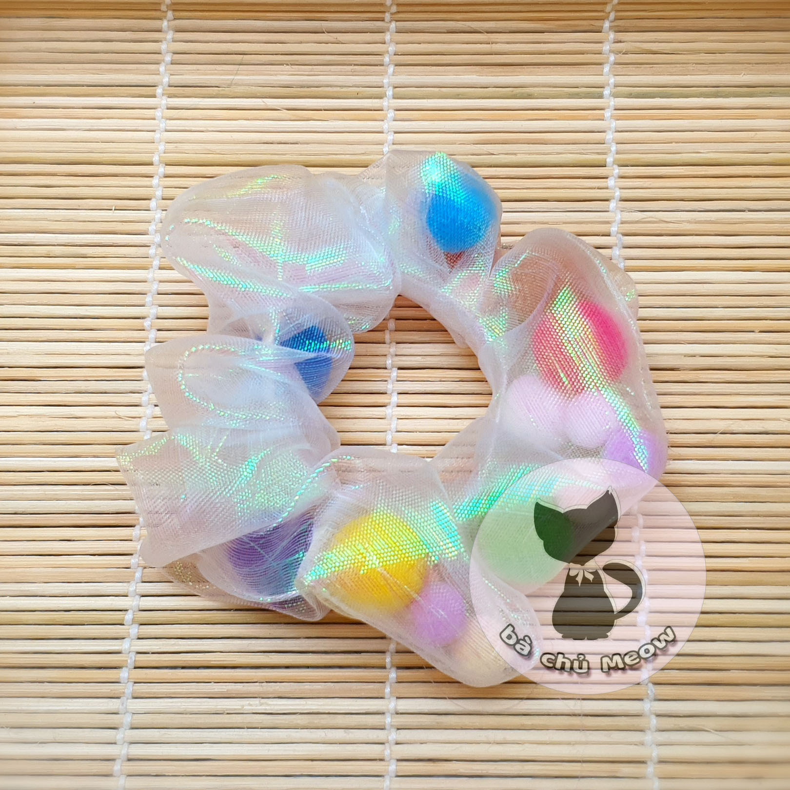 Scrunchies Pom Pom - Đồ Cột Tóc Hạt Lăn Lóc - Dây Cột Tóc Voan Dạ Quang