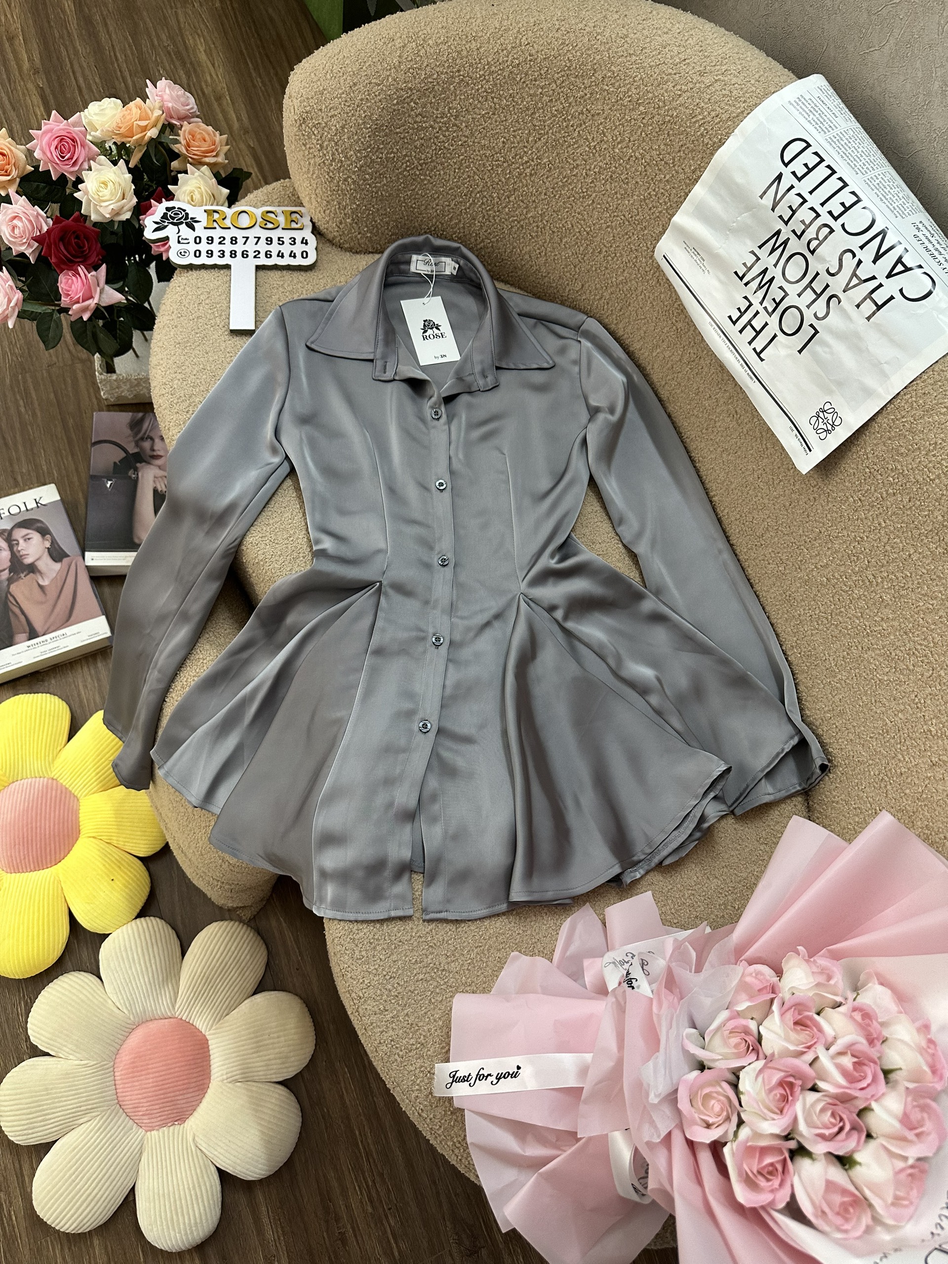 Đầm lụa nữ cổ sơmi màu siêu xinh