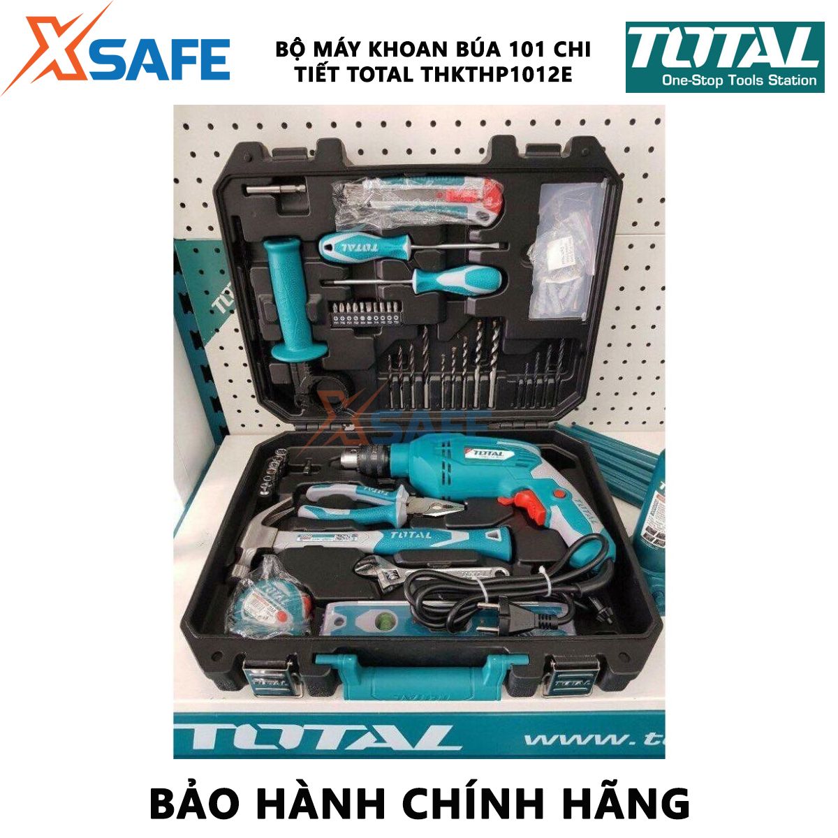 Bộ máy khoan búa 101 món Total THKTHP1012E | Bộ máy khoan búa 101 chi tiết Công suất: 650W Có đảo chiều và điều chỉnh tốc độ dùng để khoan lỗ sâu trên bê tông và các vật liệu cứng