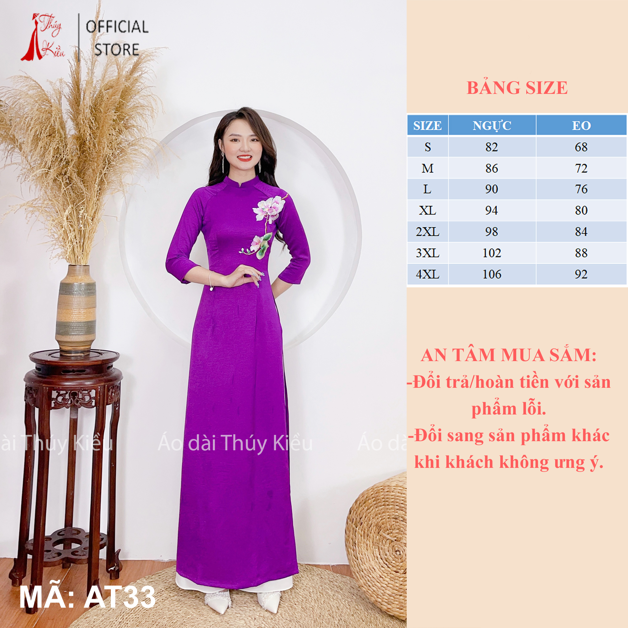 Áo dài lụa Tây Thi cổ 2 phân tím huế thêu hoa mộc lan AT33