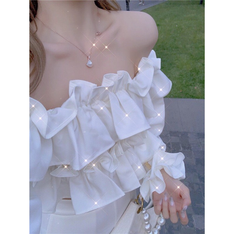 Áo croptop trễ vai bánh bèo tiểu thư, áo trắng trần trễ vai 1 màu cá tính