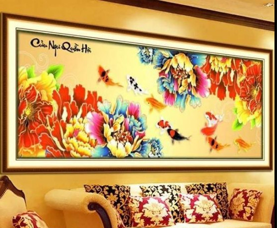 Tranh phong thủy, cá tượng trưng cho dư giả, cửu ngư quần hội – tiền tài tụ Tranh đính đá Cửu ngư quần hội VS222 - tự đính - VS222