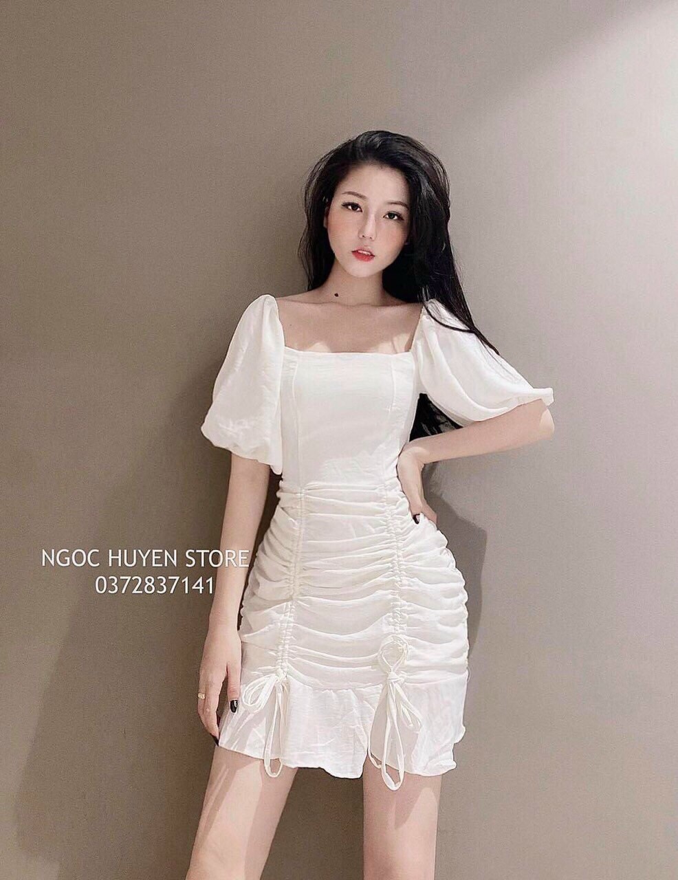 Đầm body tay phồng cổ vuông dây rút hai bên #damtayphong