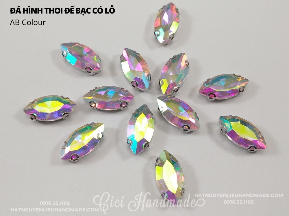 Set 10 hạt đá hình thoi đế trắng có lỗ khâu Cici Handmade chuyên hạt đá hạt pha lê hạt cườm hạt trang sức tự làm