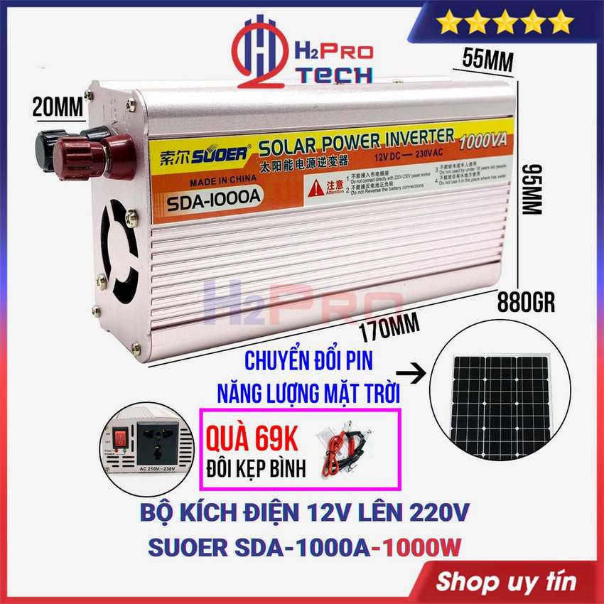 Bộ kích điện 12v lên 220v, Củ Kích Điện 12V Lên 220V 1000W SUOER SDA-1000A Cao Cấp (tặng bộ kẹp acquy) - H2pro Tech