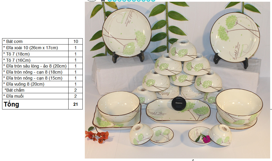 Bộ Bát Đĩa Bát Tràng [21 MÓN] - Bộ Bát đũa Cao Cấp [XUÂN XANH]
