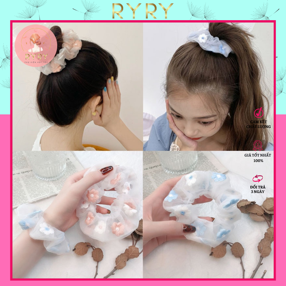 Dây cột tóc đính ngọc phối nơ vải lưới xinh xắn kiểu dáng Hàn Quốc
