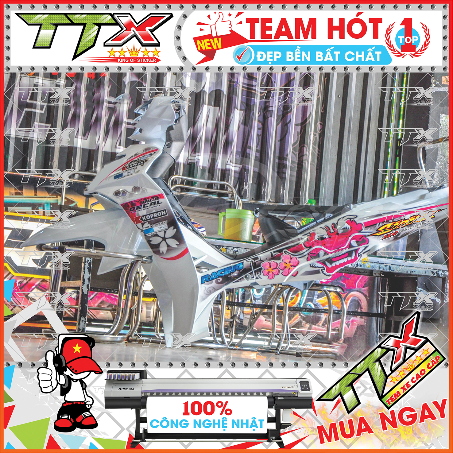 Tem rời sirius đầu lân 110 , Team chế sirius dán xe màu trắng hồng bạc tuyệt đẹp , Shop TTX Tem xe sirius