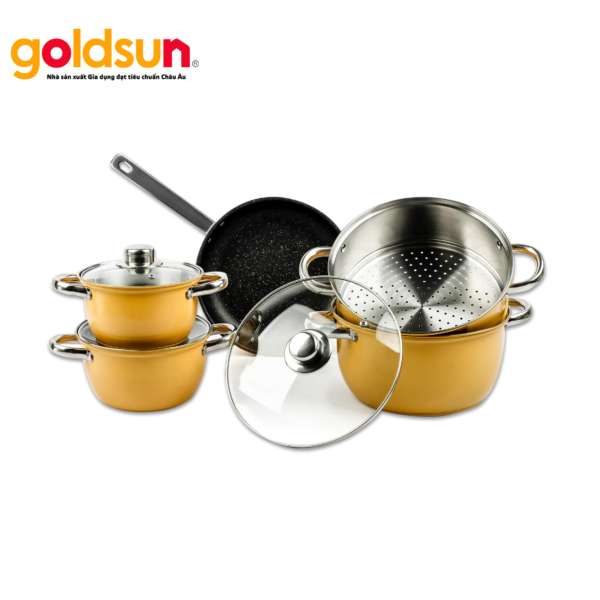 Bộ 3 nồi xửng 1 chảo Goldsun GE32 dùng được bếp từ (Màu Vàng)