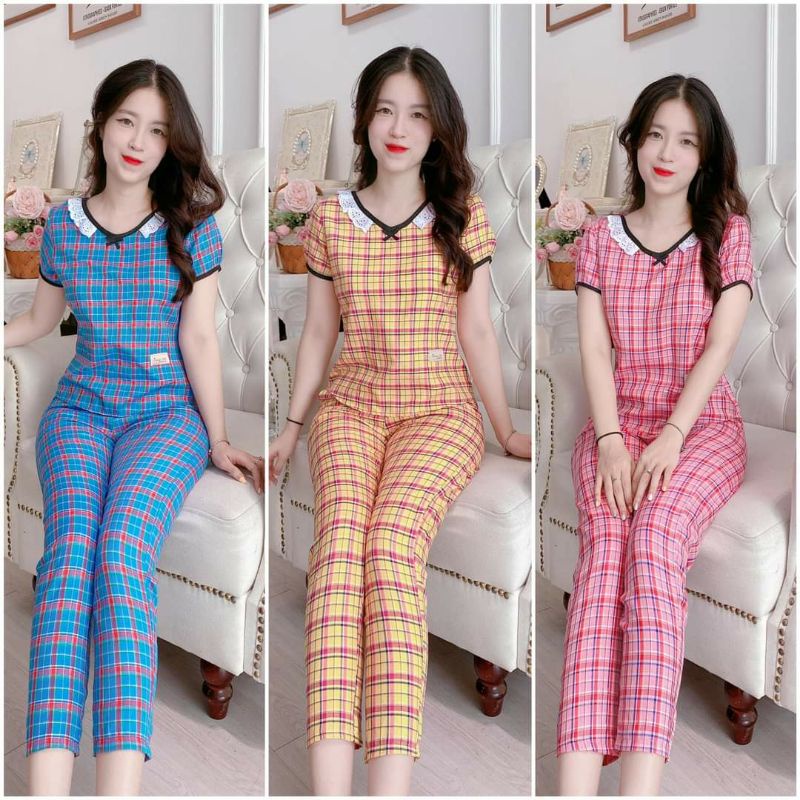 Quần áo nữ Đồ bộ mặc nhà mẫu cộc tay kẻ caro vải thô chéo mềm mát