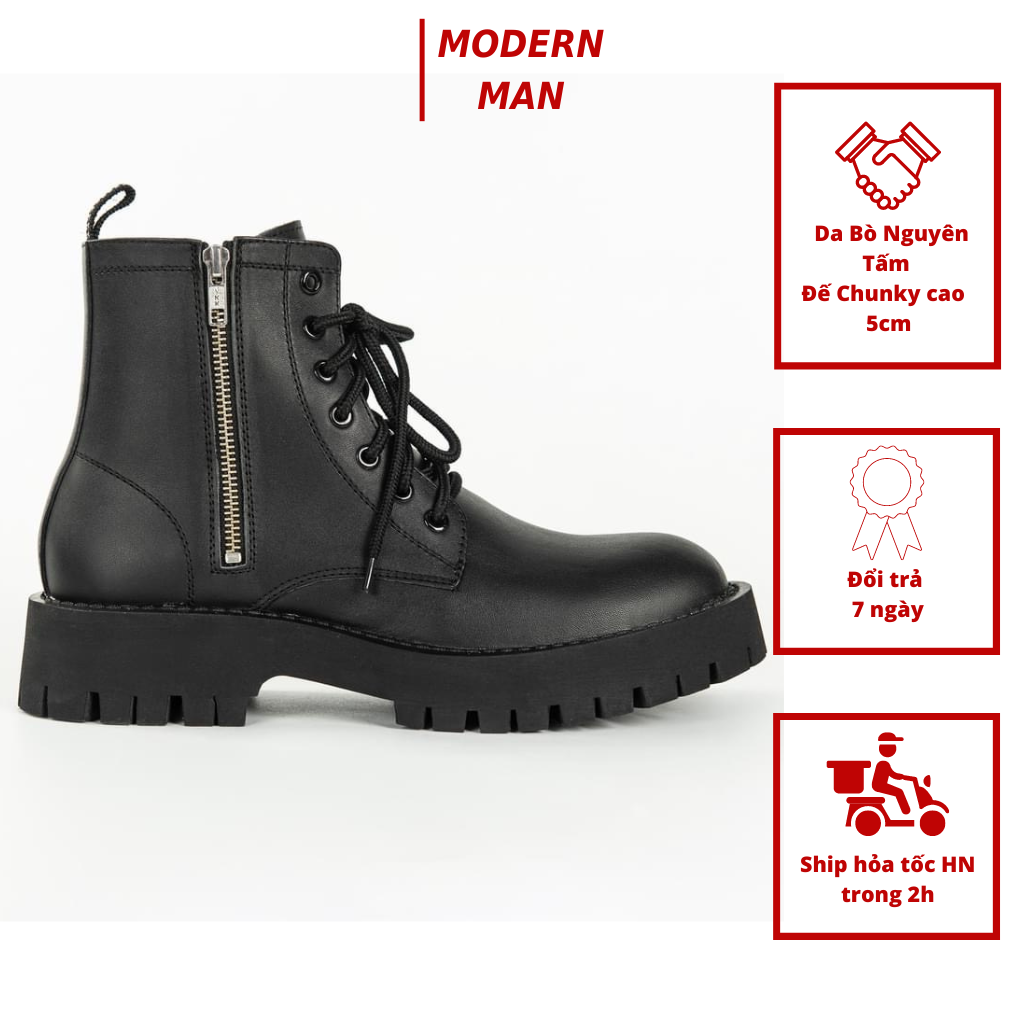 Giày Combats Boots Khóa Kéo Da Bò Đế Chunky Cao 5Cm