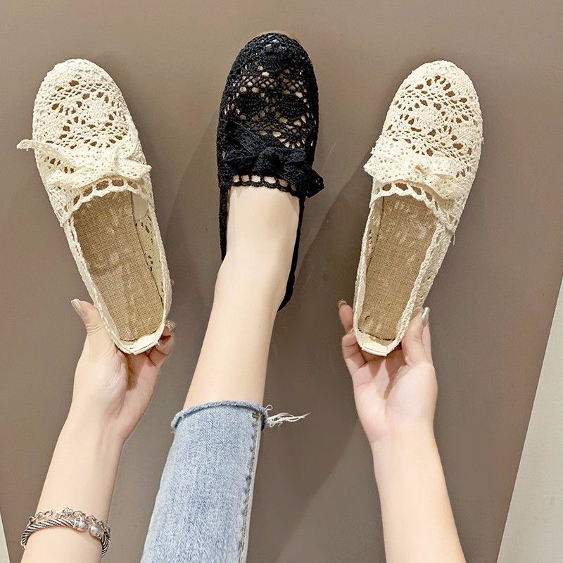 (Hàng Sẵn) Giày Búp Bê Ren Lưới Gắn Nơ Phong Cách Hàn