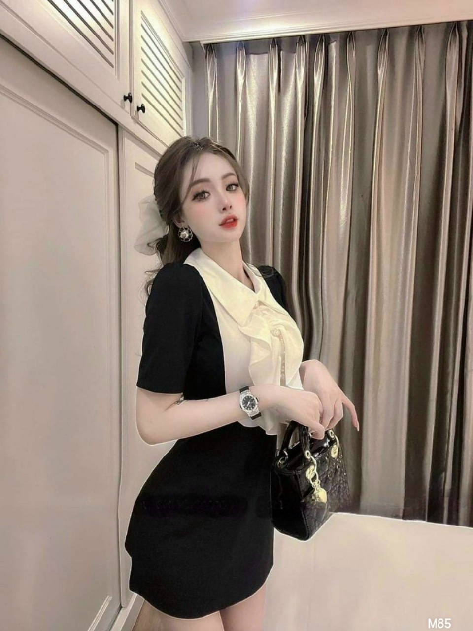 Đầm coton lạnh phối chéo nhung xinh lung linh ldt1022