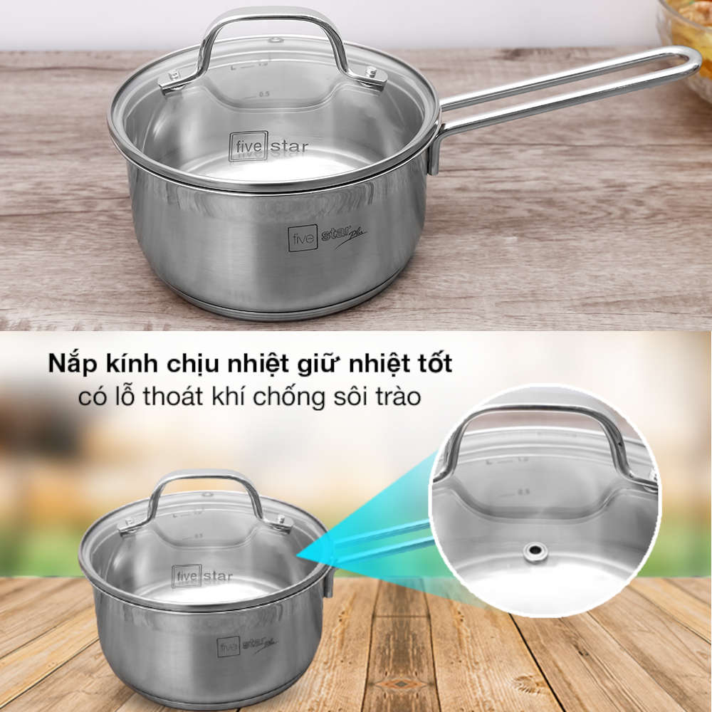 Quánh inox 304 Fivestar Plus 5 đáy vung kính FPQ165D001 size 16cm dùng bếp từ, hàng chính hãng bảo hành 25 năm