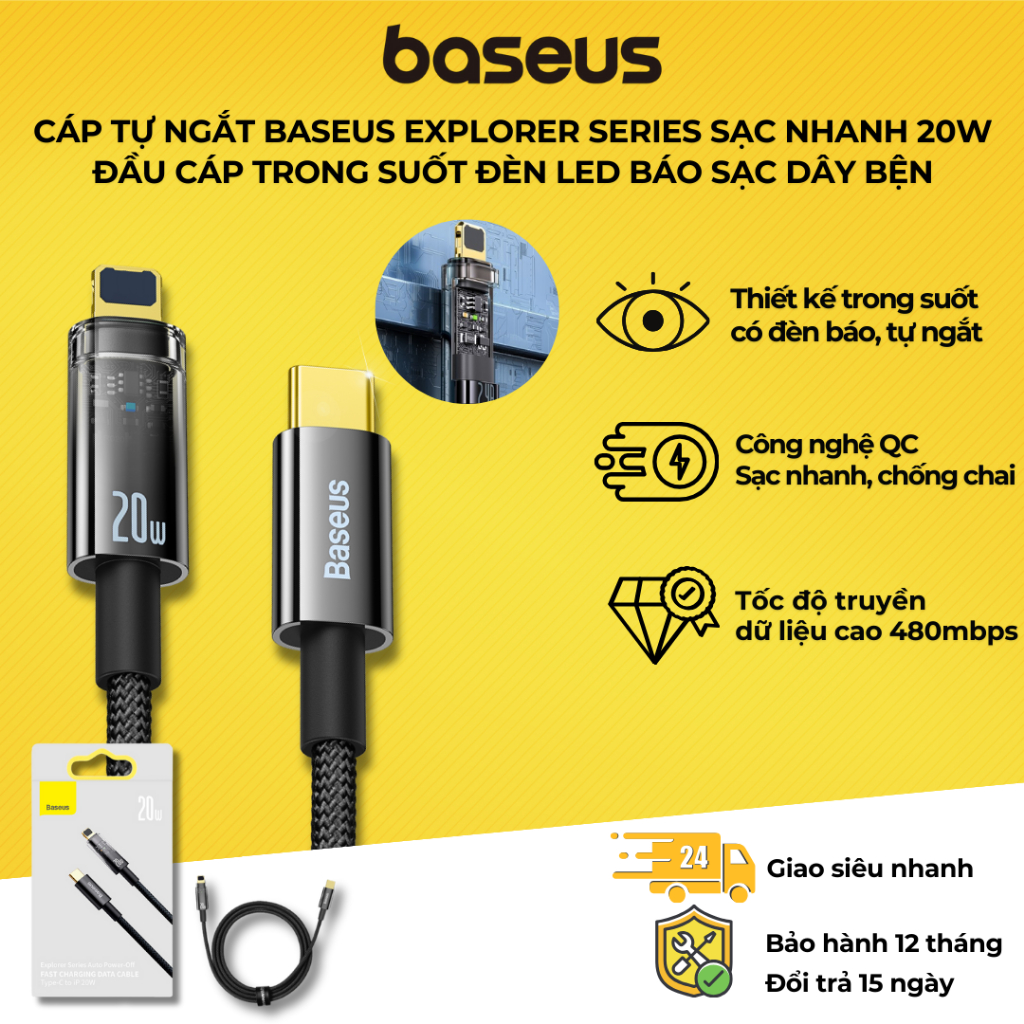 Cáp Sạc nhanh Tự Ngắt Gen2 Baseus Explorer Series cho iPhone/ iPad (Type C to Lightning Auto Power-Off, PD 20W Fast Charging Data Cable )