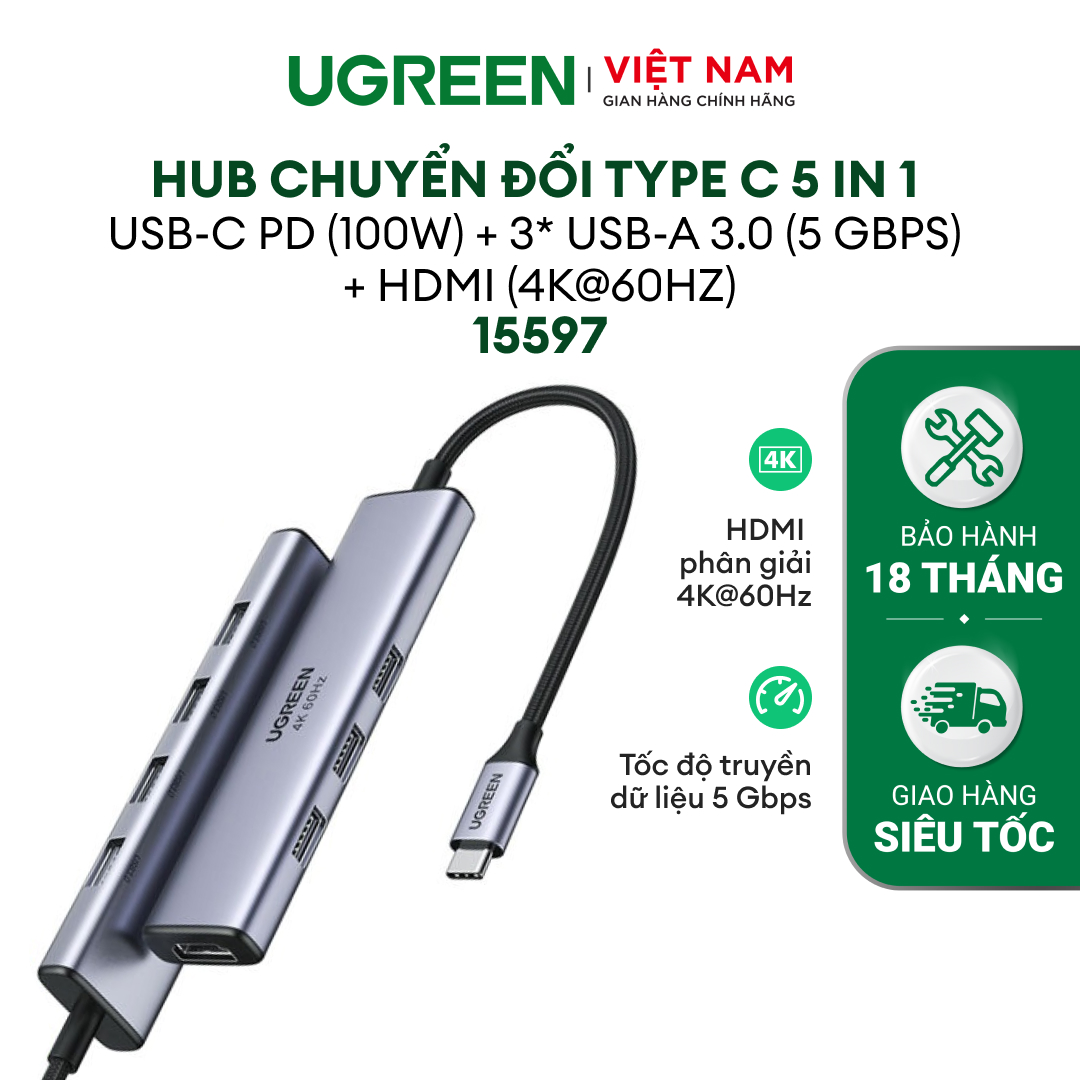 Hub chuyển đổi Type C (Bộ chuyển đổi) Ugreen 5 in 1 | Bảo Hành 18 Tháng | 15596 15597 15495 20932 50209 70495 10919 20197