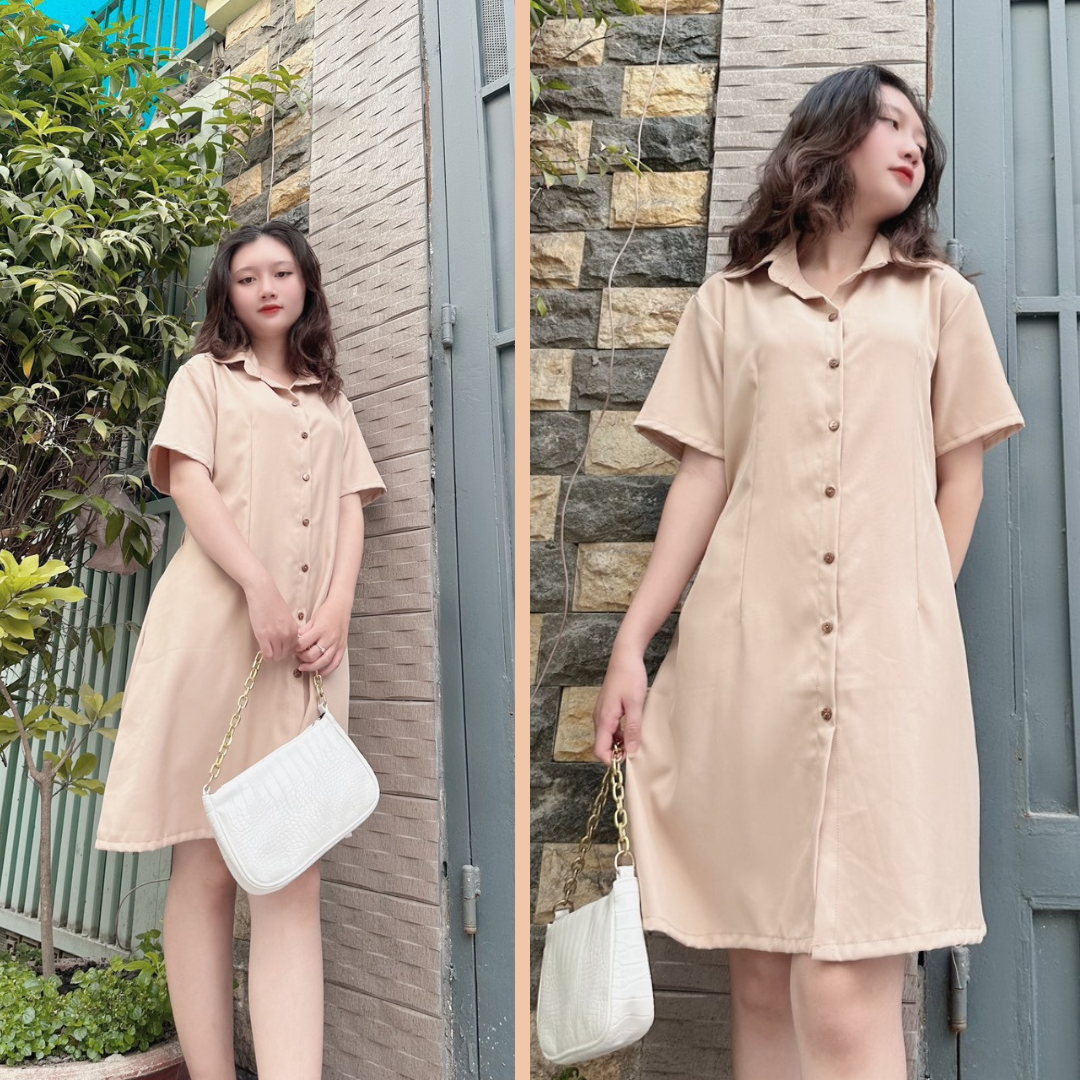 Đầm somi dáng suông thanh lịch cái cúc có chiết eo phong cách Hàn Quốc - G5.shop