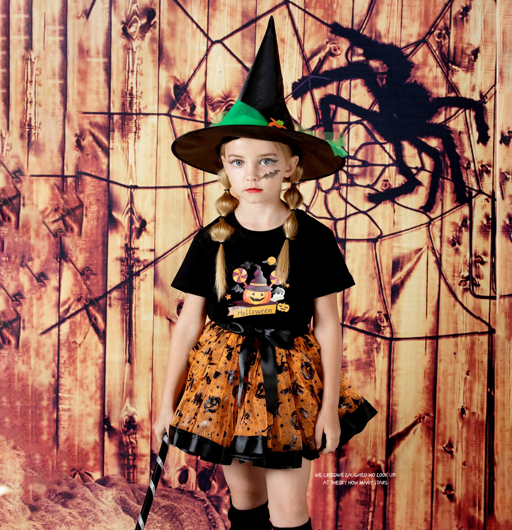 Set đồ hóa trang Halloween cho bé gái gồm chân váy xòe tutu, nón phù thủy và chổi bay siêu đáng yêu size S M L